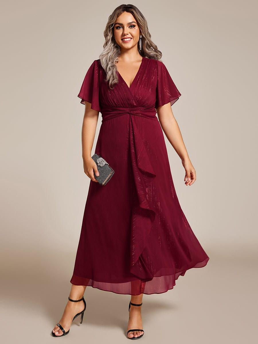 Metallic A-Line V-Neck Ruffles Short Sleeve Wedding Guest Dress