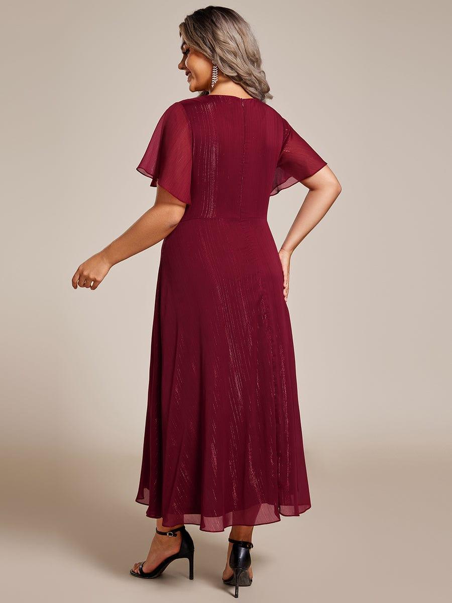 Metallic A-Line V-Neck Ruffles Short Sleeve Wedding Guest Dress