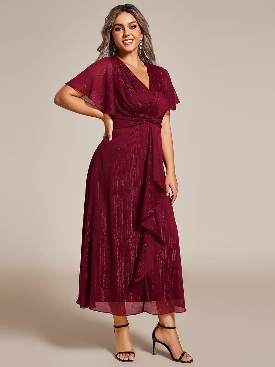 Metallic A-Line V-Neck Ruffles Short Sleeve Wedding Guest Dress