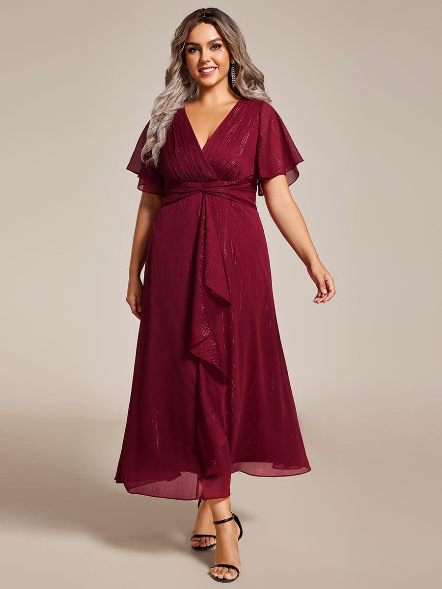 Metallic A-Line V-Neck Ruffles Short Sleeve Wedding Guest Dress