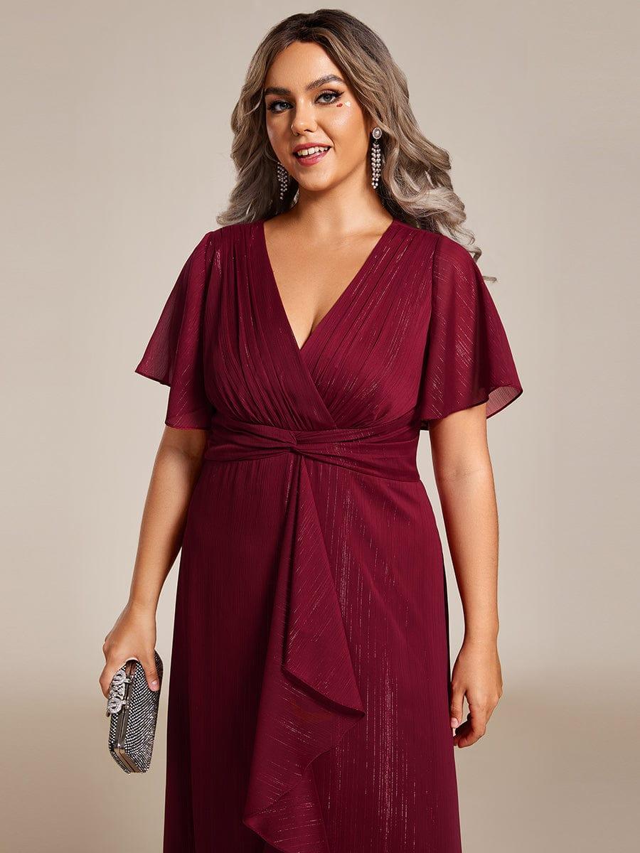 Metallic A-Line V-Neck Ruffles Short Sleeve Wedding Guest Dress