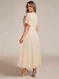 Metallic A-Line V-Neck Ruffles Short Sleeve Wedding Guest Dress