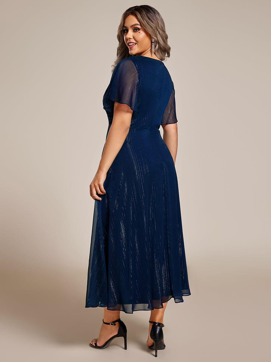 Metallic A-Line V-Neck Ruffles Short Sleeve Wedding Guest Dress