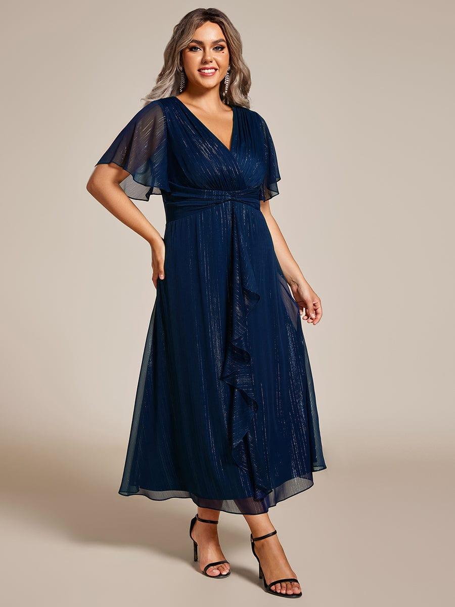 Metallic A-Line V-Neck Ruffles Short Sleeve Wedding Guest Dress