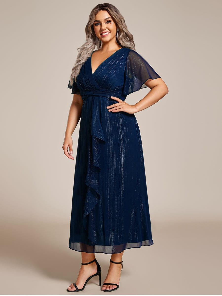 Metallic A-Line V-Neck Ruffles Short Sleeve Wedding Guest Dress
