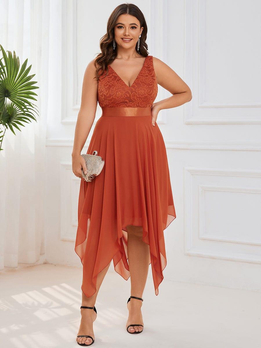 Plus Size A-Line Ruffles V-Neck Prom Lace Dress for Women