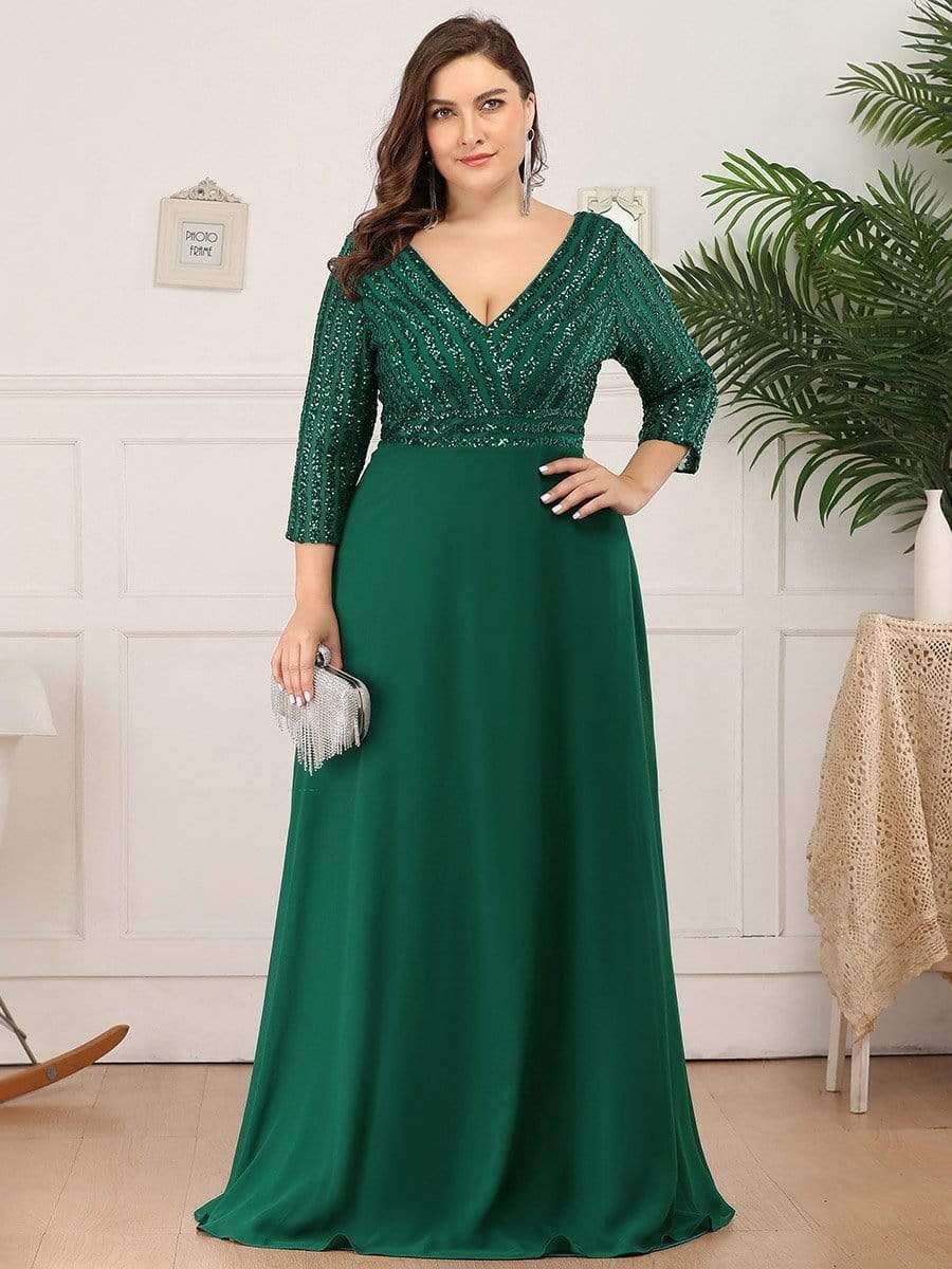 Plus Size V-Neck A-Line Empire-Waist Formal Evening Dress with Long Sleeves