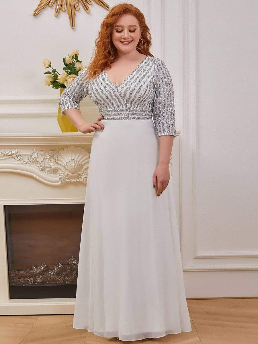 Plus Size V-Neck A-Line Empire-Waist Formal Evening Dress with Long Sleeves