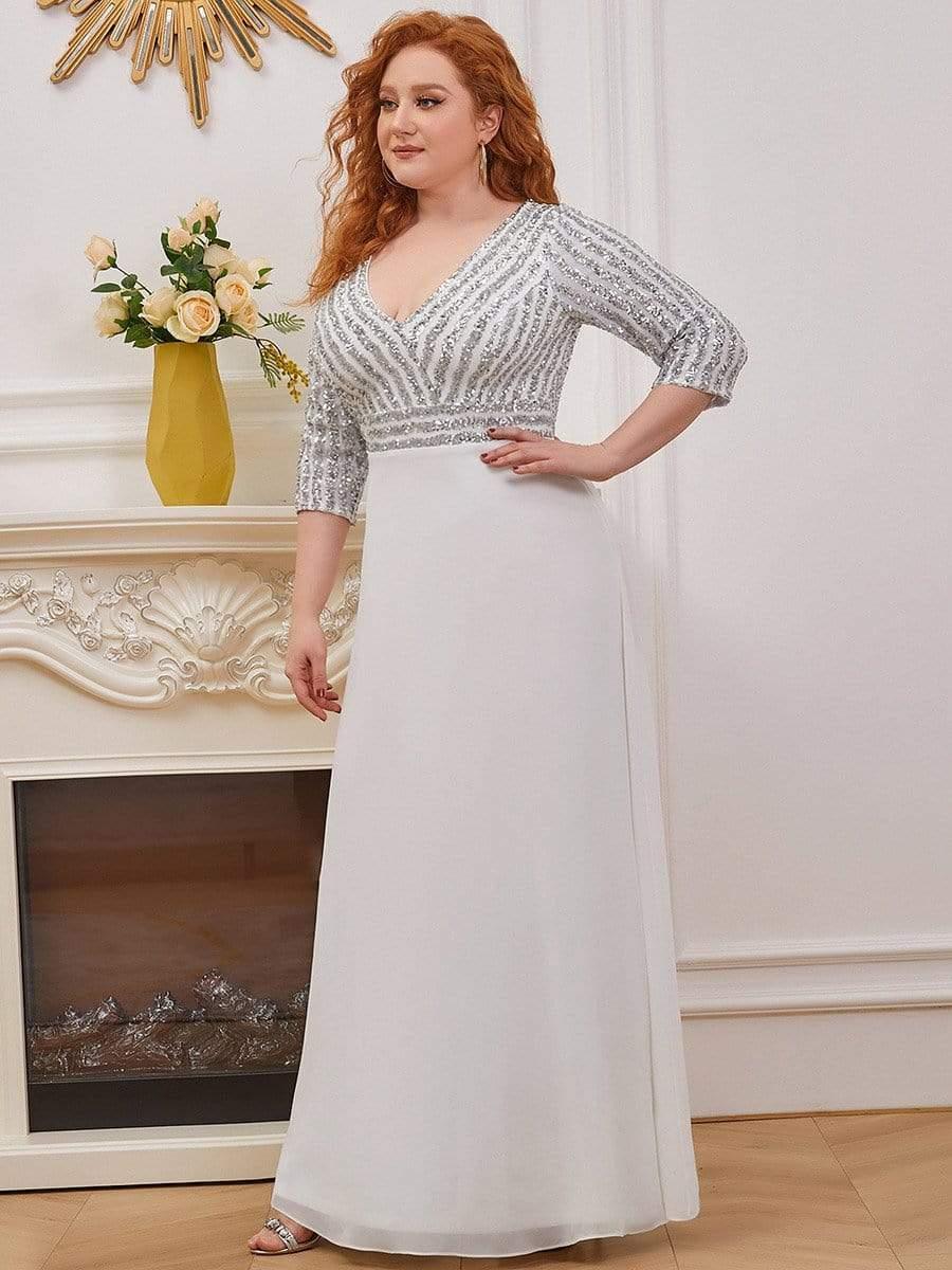 Plus Size V-Neck A-Line Empire-Waist Formal Evening Dress with Long Sleeves