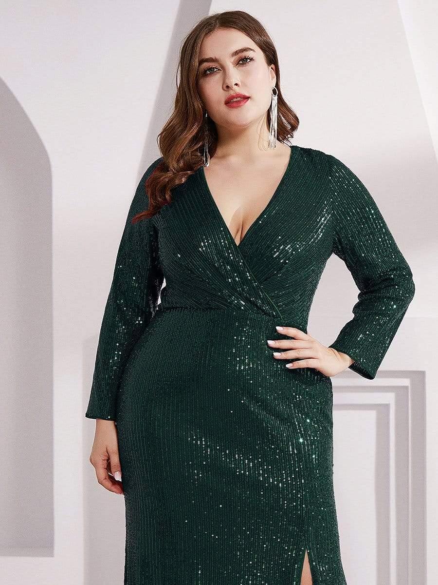 Bodycon Long Sleeves Plus Size V-Neck Sequin Formal Evening Gown with Slit