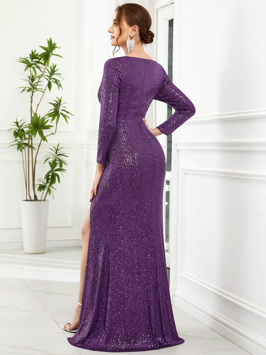 Shiny V-Neck Sequined Long Sleeves Evening Dress with High Slit