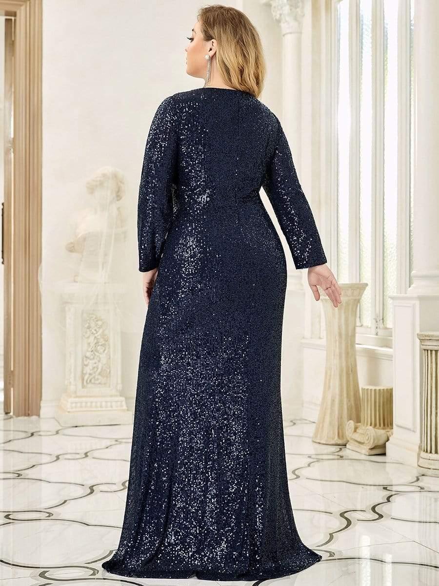 Bodycon Long Sleeves Plus Size V-Neck Sequin Formal Evening Gown with Slit