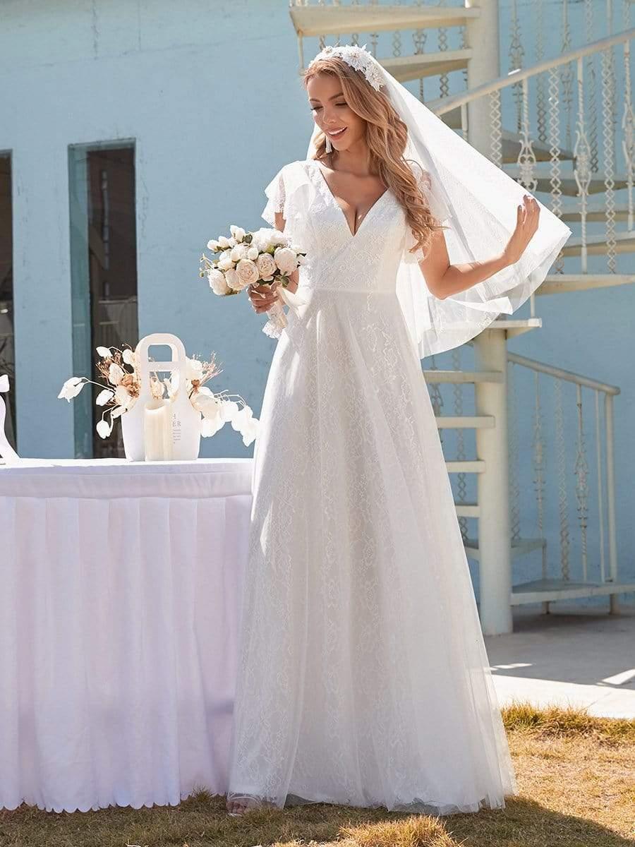 A-Line Deep V-Neck Empire-Waist Lace Long Evening Dress with Ruffle Sleeves
