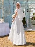 A-Line Deep V-Neck Empire-Waist Lace Long Evening Dress with Ruffle Sleeves