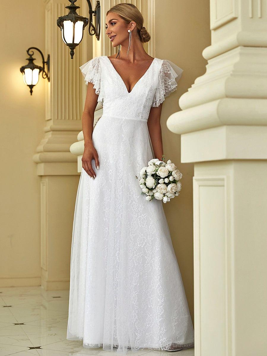 A-Line Deep V-Neck Empire-Waist Lace Long Evening Dress with Ruffle Sleeves