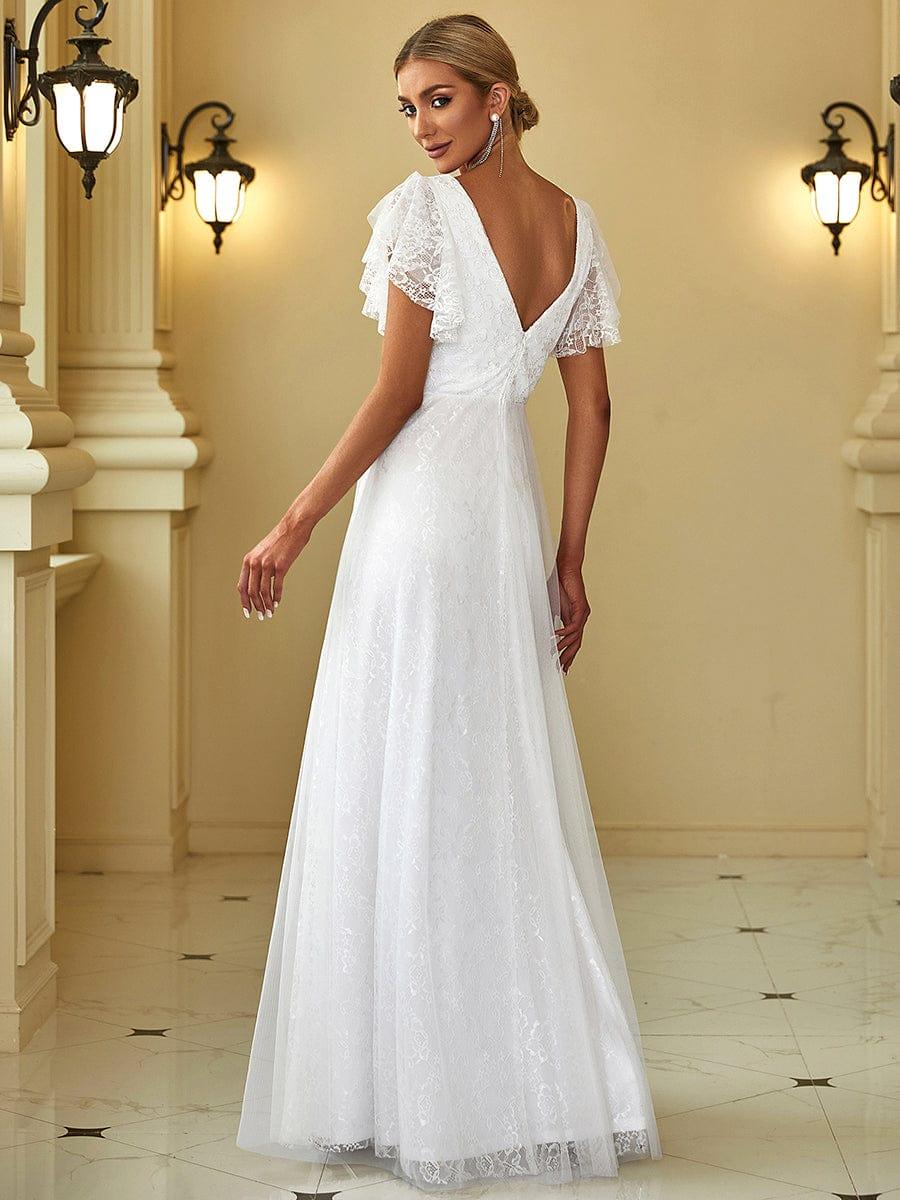 A-Line Deep V-Neck Empire-Waist Lace Long Evening Dress with Ruffle Sleeves