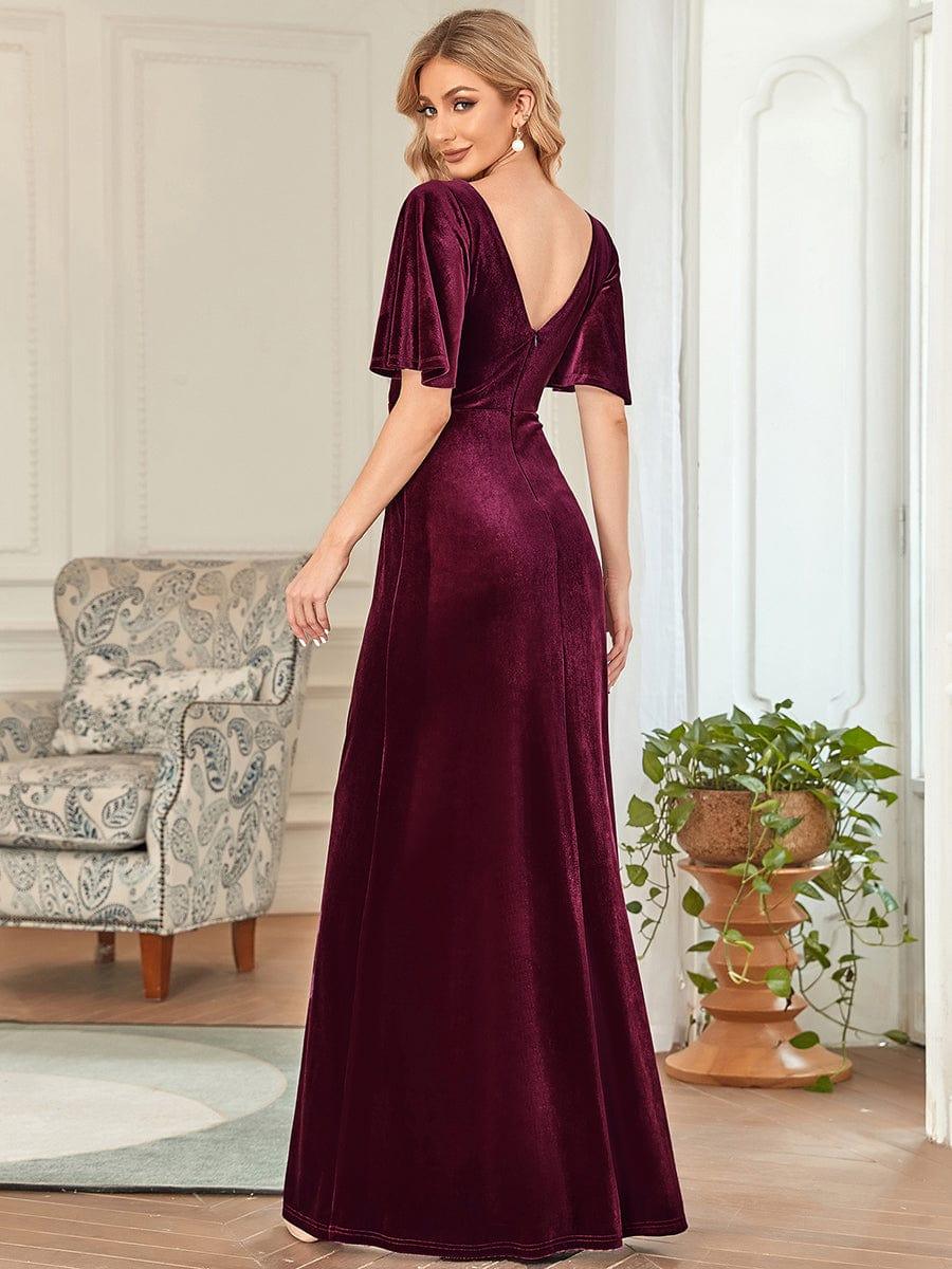 Elegant V-Neck A-Line Empire-Waist Velvet Evening Dress with Short Sleeves