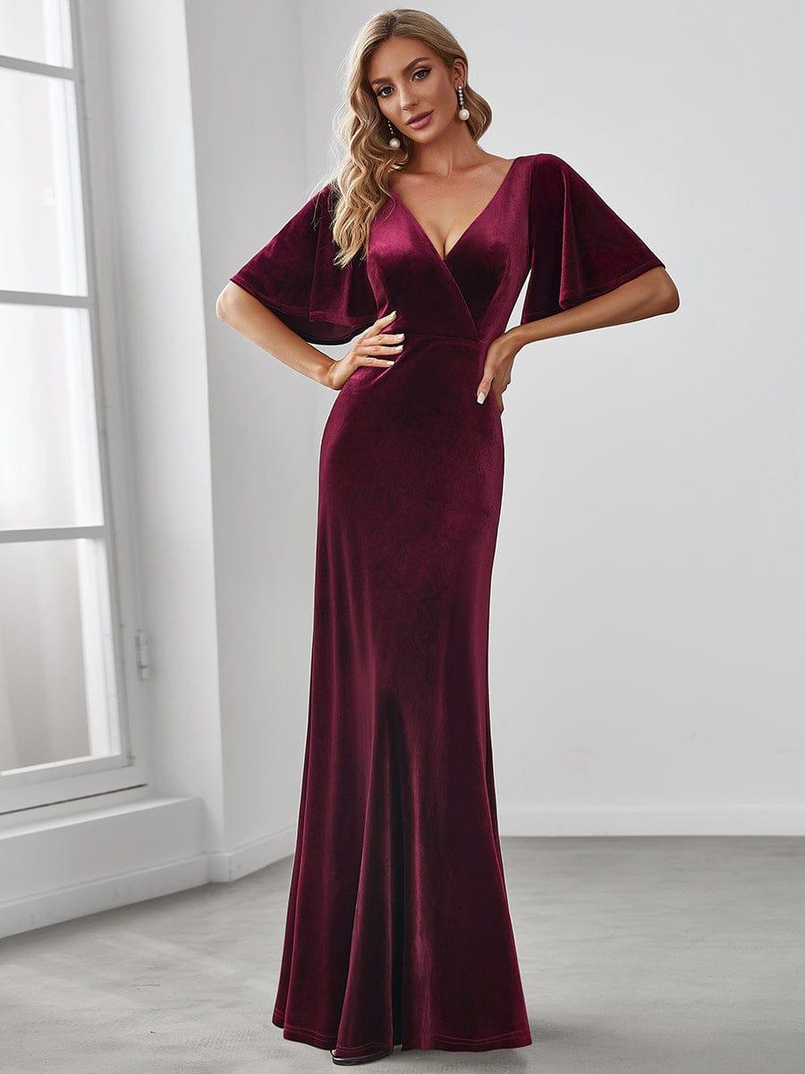 Elegant V-Neck A-Line Empire-Waist Velvet Evening Dress with Short Sleeves