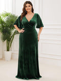 Mature A-Line V-Neck  Plus Size Velvet Maxi Evening Dress with Sleeves
