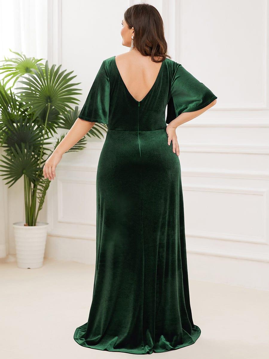 Mature A-Line V-Neck  Plus Size Velvet Maxi Evening Dress with Sleeves