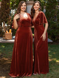 Elegant V-Neck A-Line Empire-Waist Velvet Evening Dress with Short Sleeves