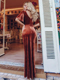 Elegant V-Neck A-Line Empire-Waist Velvet Evening Dress with Short Sleeves