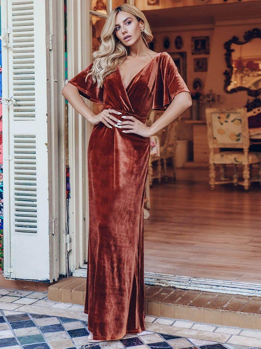 Elegant V-Neck A-Line Empire-Waist Velvet Evening Dress with Short Sleeves