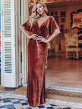 Elegant V-Neck A-Line Empire-Waist Velvet Evening Dress with Short Sleeves