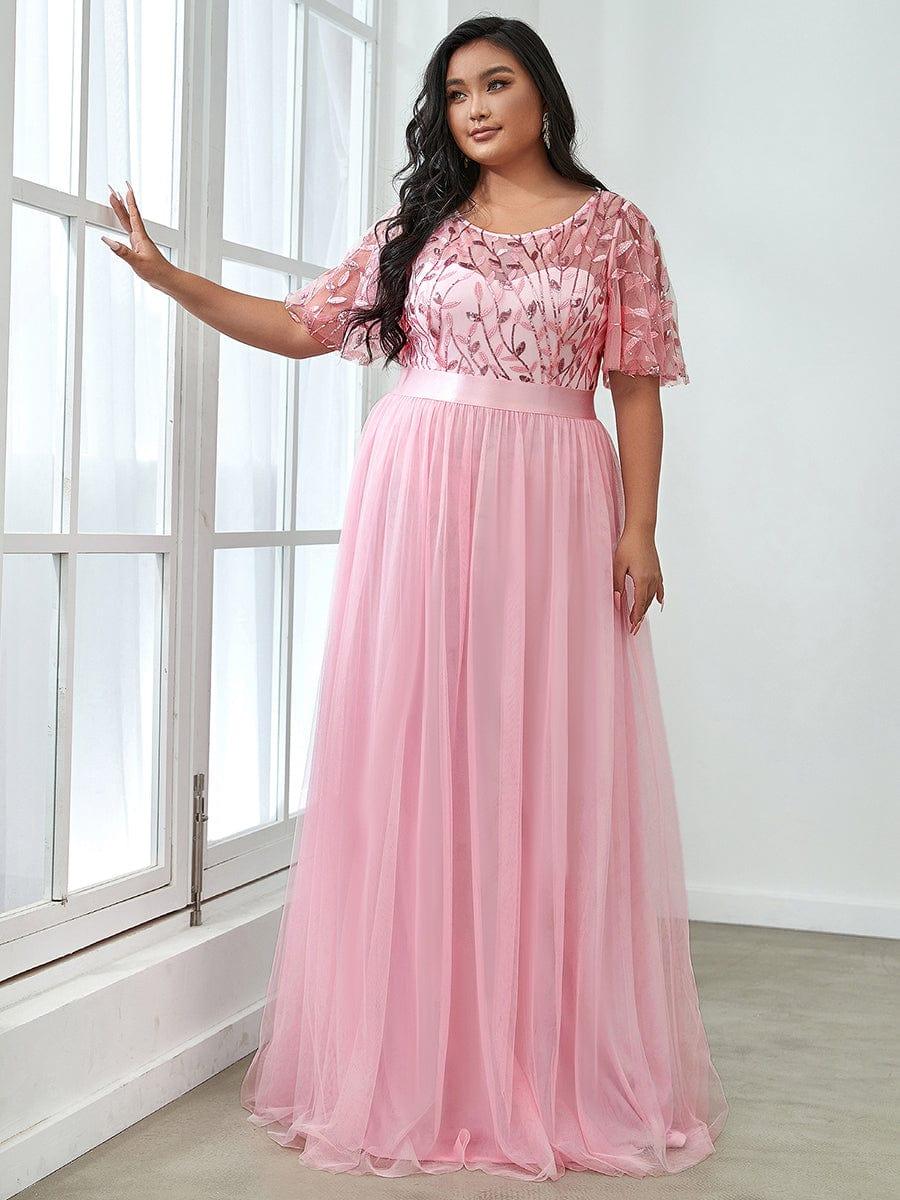 Plus Size A-Line Scoop Neck Long Formal Evening Dresses with Half Sleeves
