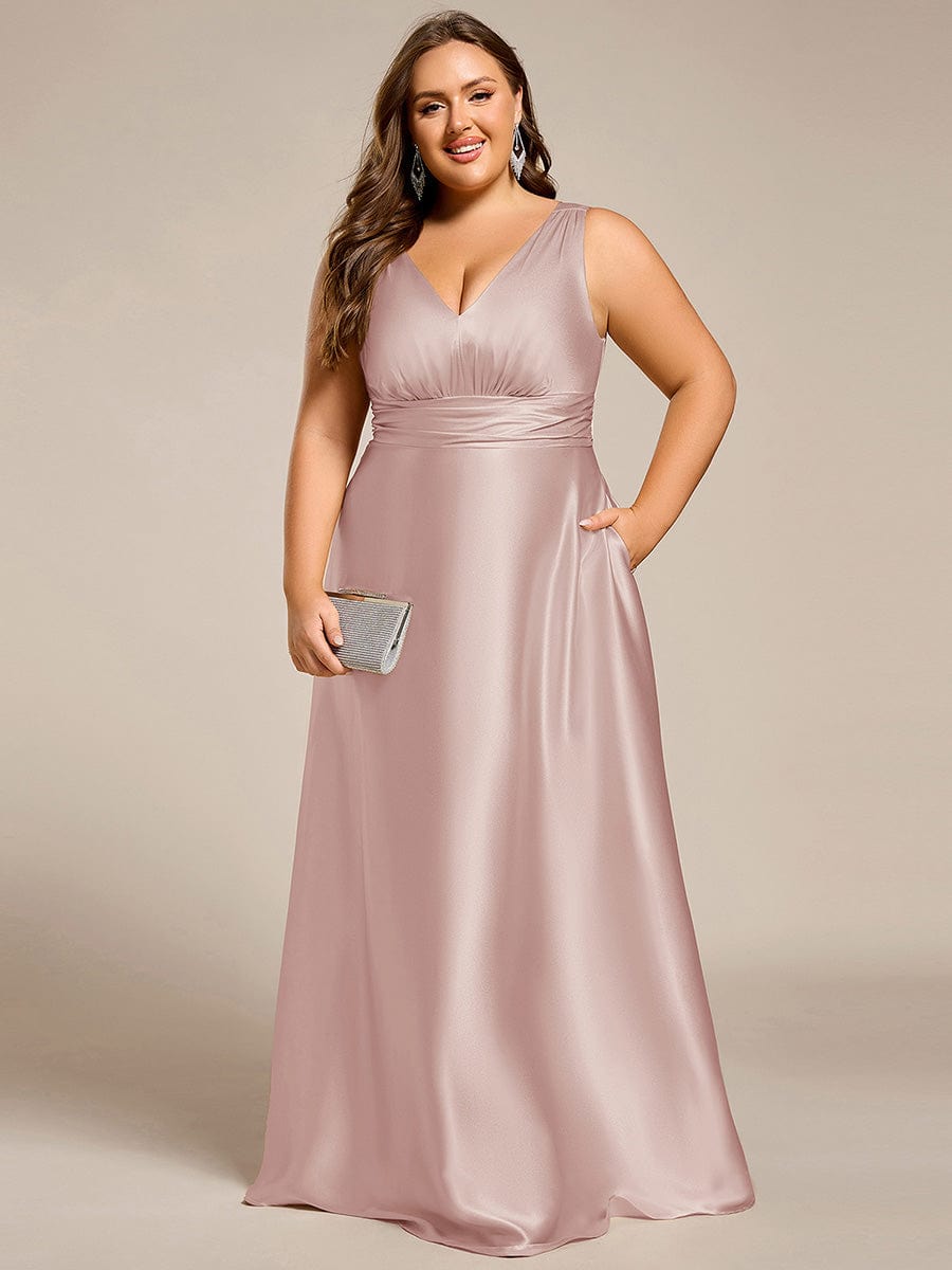 Plus Size A-Line V-Neck Satin Empire-Waist Bridesmaid Dress with Pockets